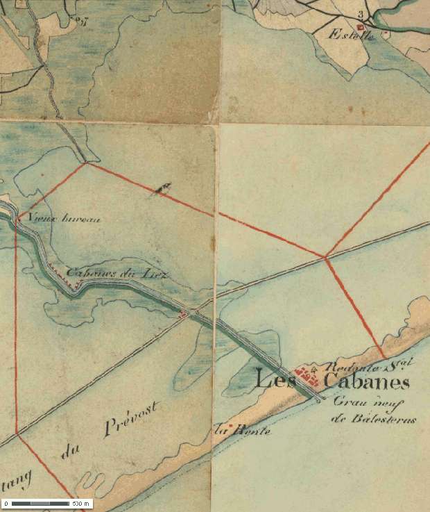 La zona antes de 1866 en una Carte d'Etat Major y en la actualidad (ambas imágenes de www.geoportail.fr)